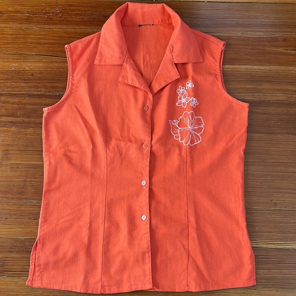 Women Top 100% Cotton Sleeveless Coat Collar Orange Button Down Fitted T… - Picture 10 of 10
